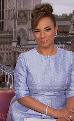 Michelle Miller's light blue jacquard dress on CBS Mornings
