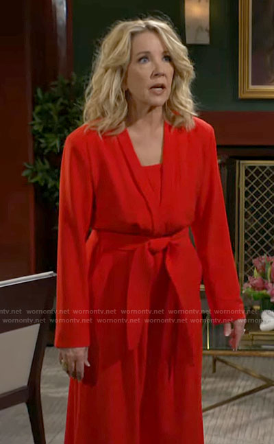 Nikki's red long sleeved v-neck jumpsuit on The Young and the Restless