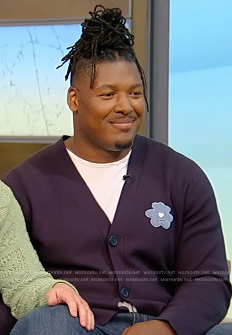 RK Russell's navy floral patch cardigan on Tamron Hall Show