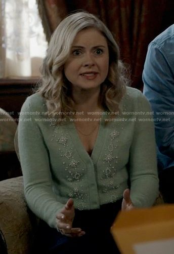 Sam's green bead embellished cardigan on Ghosts