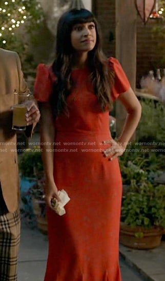 Sam's red short sleeve midi dress on Not Dead Yet