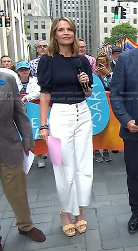 Savannah's navy smocked top and white cropped pants on Today