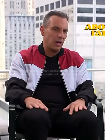 Sebastian Maniscalco's colorblock bomber jacket on Access Hollywood