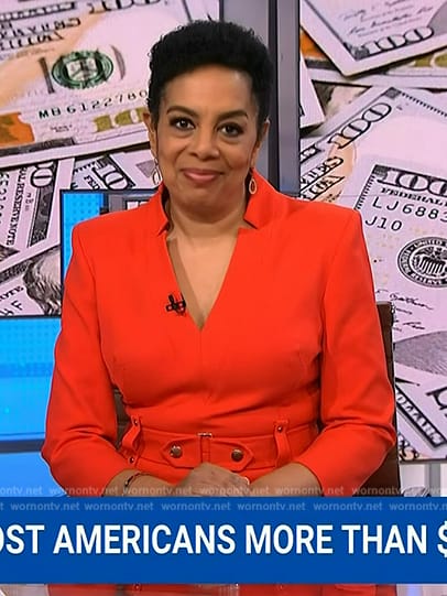 Sharon Epperson's red v-neck belted dress on NBC News Daily