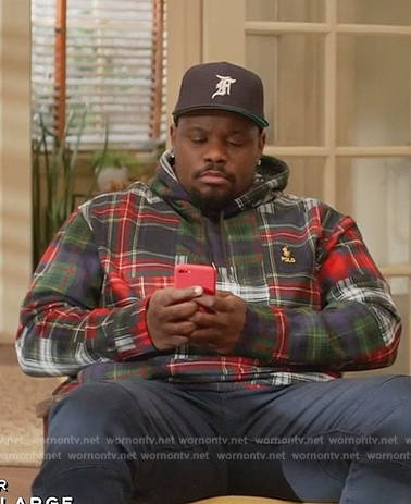 Sherm's plaid hoodie on Grand Crew
