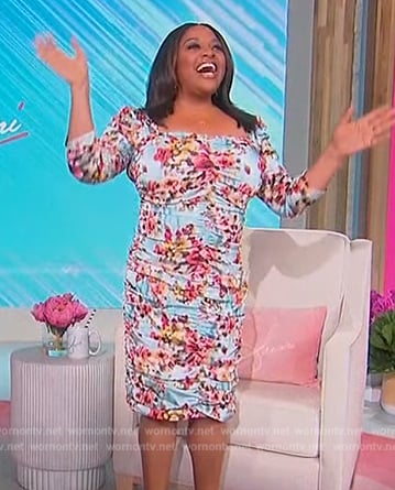 Sherri's blue floral print ruched dress on Sherri