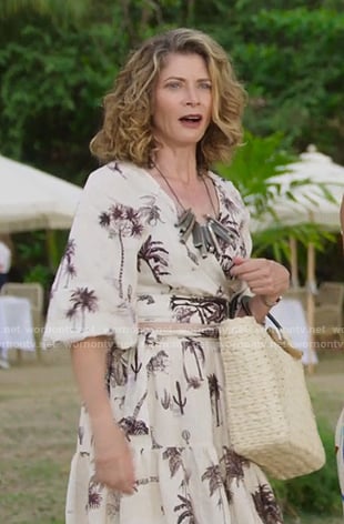 Sue's palm print wrap top and skirt set on Fantasy Island