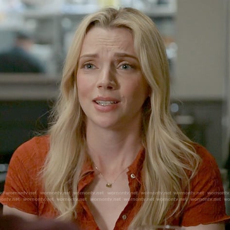 Sylvie's rust orange button front top on Chicago Fire
