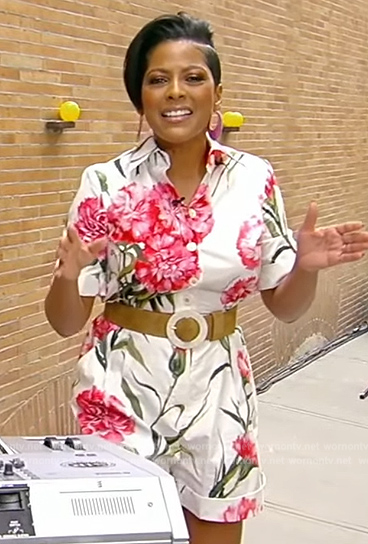 Tamron's white floral print romper on Tamron Hall Show