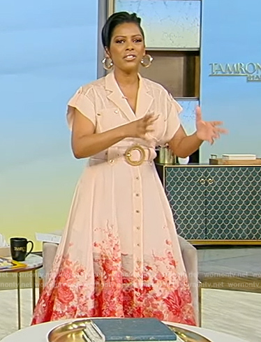 Tamron's pink floral print button down dress on Tamron Hall Show