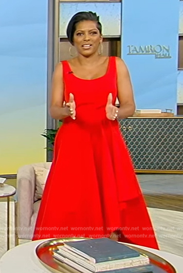 Tamron's red ruffle side dress on Tamron Hall Show