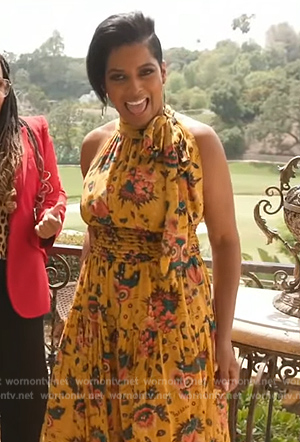 Tamron's yellow floral print halter dress on Tamron Hall Show