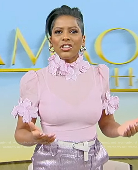 Tamron's floral applique top and metallic skirt on Tamron Hall Show