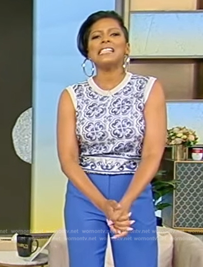 Tamron's blue floral tank top on Tamron Hall Show