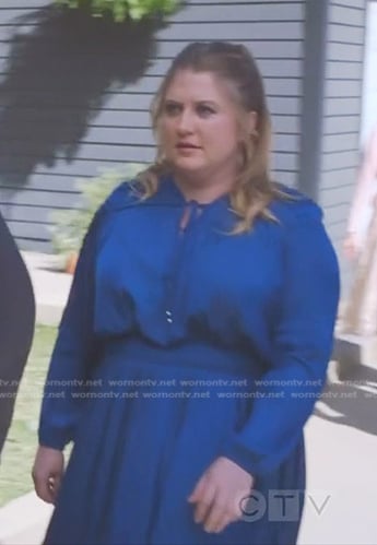 Taryn's blue tie neck long sleeve dress on Greys Anatomy