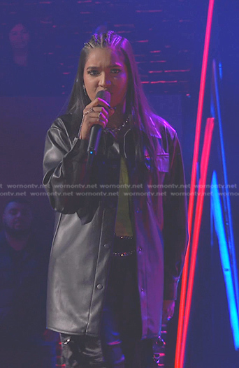 Tasha Jessen's black faux leather shirt on The Voice