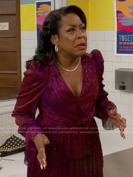 Tina's sparkly pink dress on The Neighborhood