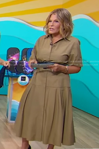 Tory Johnson's beige short sleeve midi dress on Good Morning America