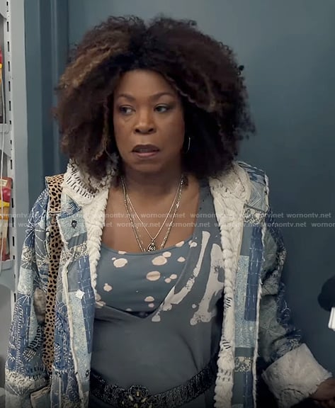 Vi's patchwork sherpa lined coat on The Equalizer