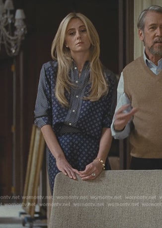 Willa's blue printed blouse and pants on Succession