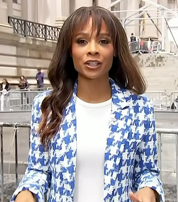 Zuri's white and blue houndstooth blazer on Access Hollywood