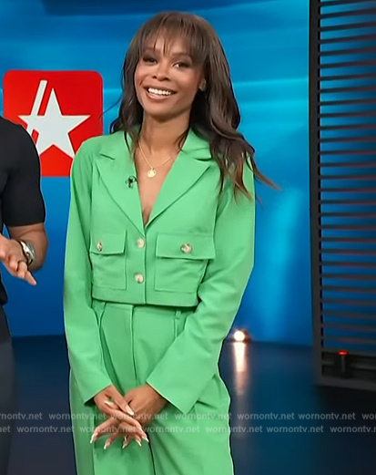 Zuri's green cropped blazer and pants on Access Hollywood