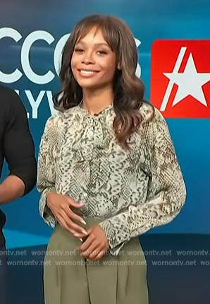 Zuri's green animal print tie neck blouse on Access Hollywood