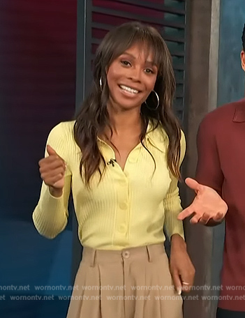 Zuri's yellow ribbed cardigan on Access Hollywood