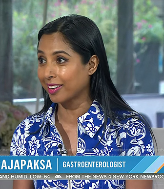 Dr. Roshini Rajapaksa's blue printed jumpsuit on Today