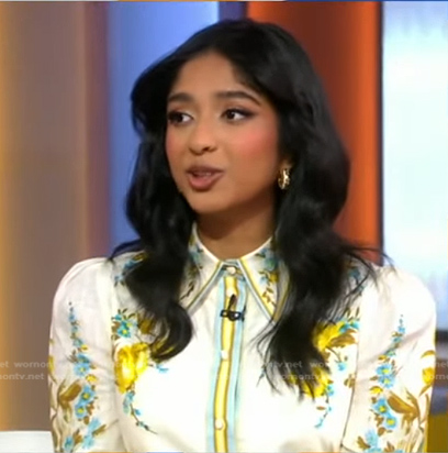 Maitreyi Ramakrishnan's white floral shirtdress on Good Morning America