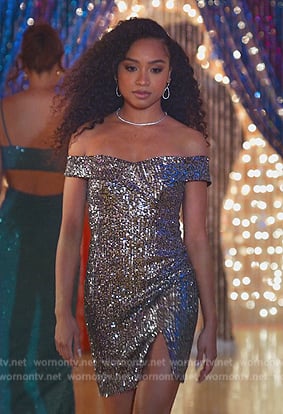 Ms Thompson's silver sequin off shoulder dress on Never Have I Ever
