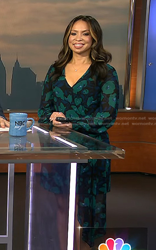 Adelle's blue and green floral asymmetric dress on Today