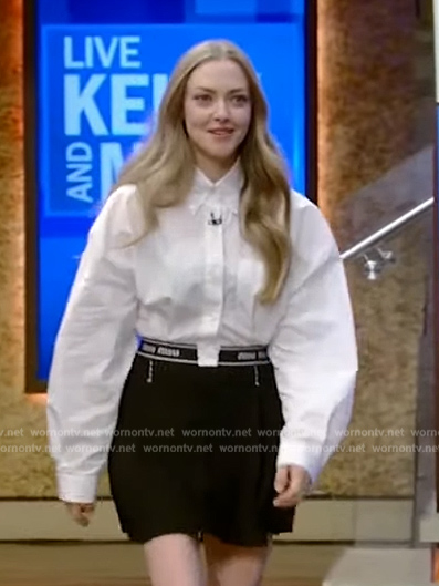 Amanda Seyfried's white logo hem shirt on Live with Kelly and Mark