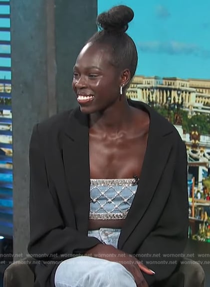 Athing Mu's denim crystal embellished top on Access Hollywood