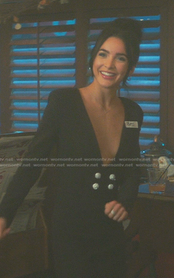 Bess's black pearl embellished plunge neck dress on Nancy Drew