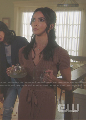 Bess's brown ribbed wrap dress on Nancy Drew