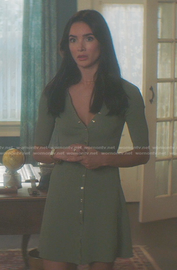 Bess's green ribbed button front mini dress on Nancy Drew