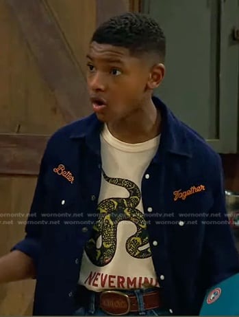 Bill's snake print tee and blue western shirt on Bunkd