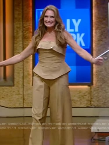 Brook Shields' khaki strapless jumpsuit on Live with Kelly and Mark
