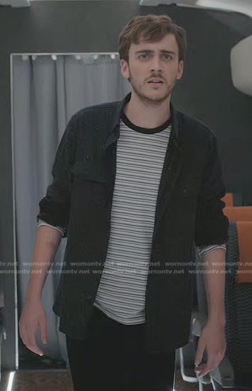 Cal's striped long tee and black speckled shirt on Manifest