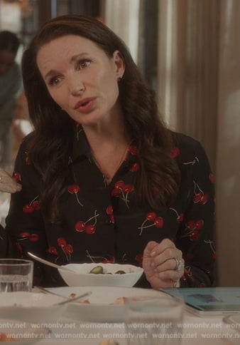 Charlotte's black cherry print blouse on And Just Like That