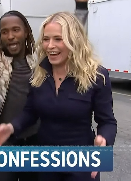 Chelsea Handler's navy utility jumpsuit on Access Hollywood