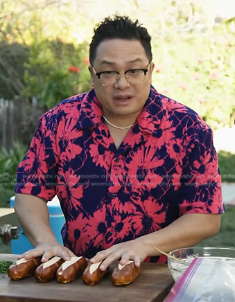 Dale Talde's navy and pink floral print shirt on Access Hollywood