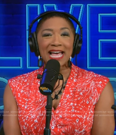 Deja Vu's red floral print sleeveless dress on Live with Kelly and Mark