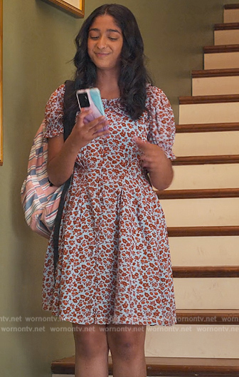 Devi's blue floral print dress on Never Have I Ever