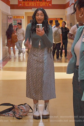 Devi's floral print skirt and white boots on Never Have I Ever