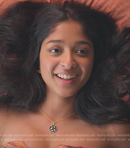 Devi's black pendant necklace on Never Have I Ever