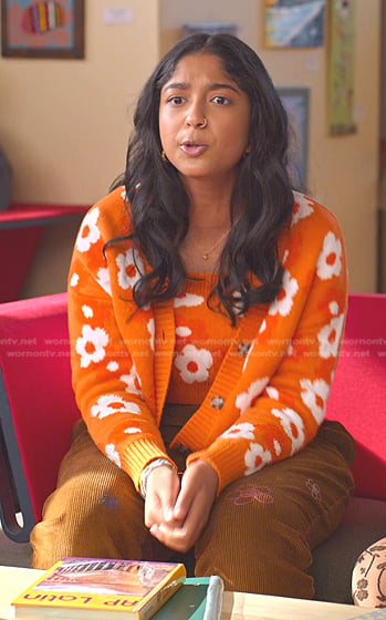 Devi's orange floral cardigan and brown corduroy pants on Never Have I Ever
