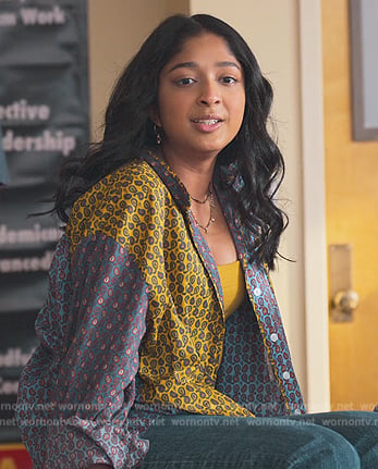 Devi's patchwork printed shirt on Never Have I Ever