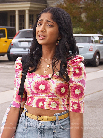 Devi's pink floral print crop top on Never Have I Ever